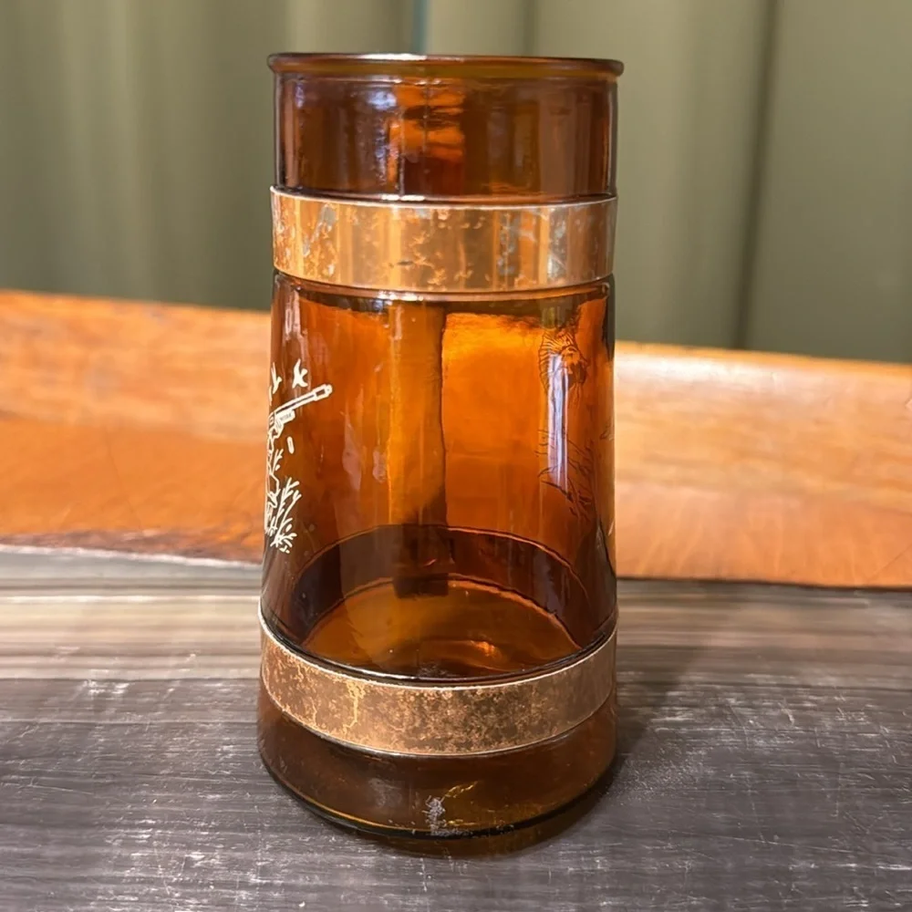 Vintage 1950s Siesta Ware Amber Glass Wooden Handle Hunting Marlin Fishing Mug